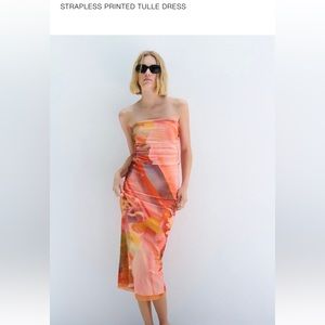 Zara STRAPLESS PRINTED TULLe dress